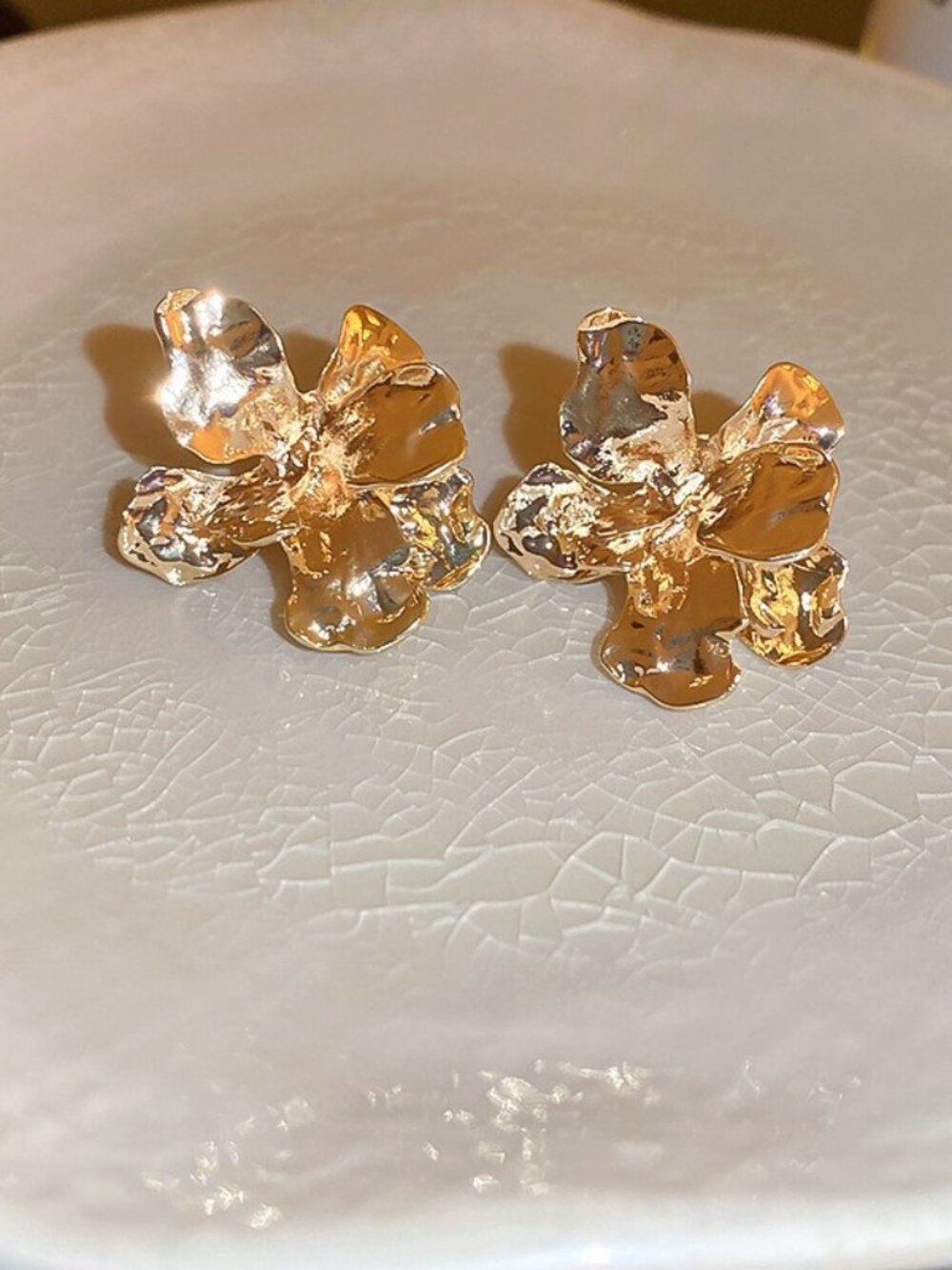 Gold Floral Stud Earrings Textured Flower Earrings Statement Gold Bloom Earrings